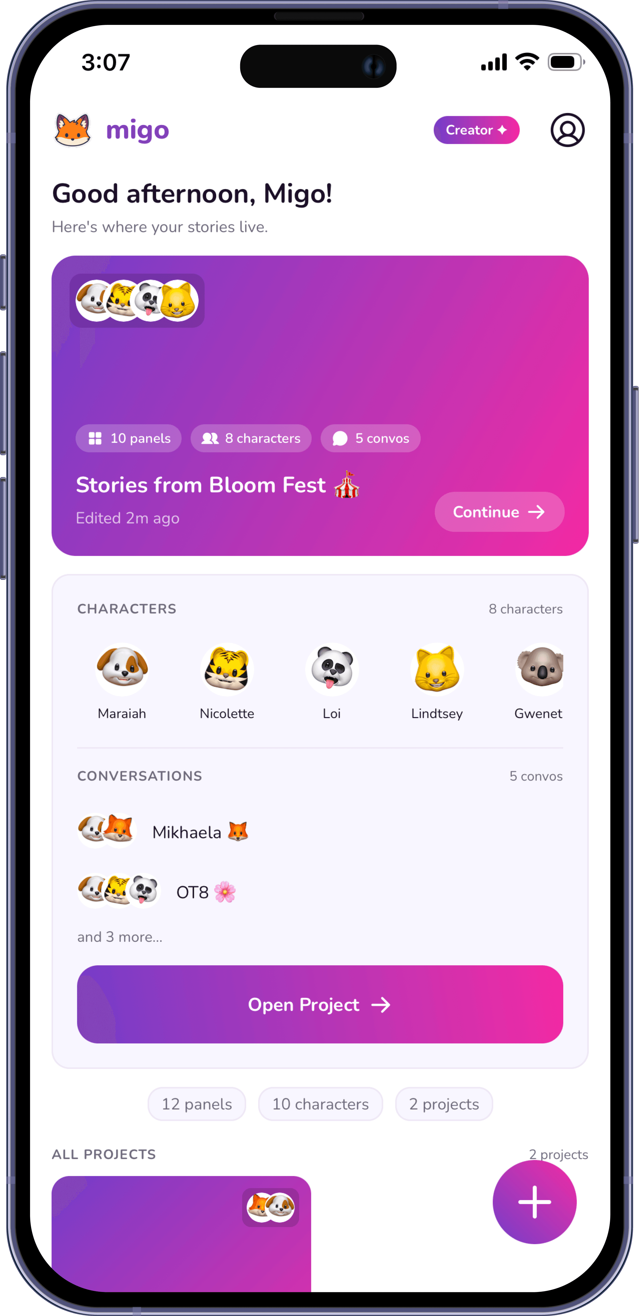 Migo home screen with your projects, characters, and conversations