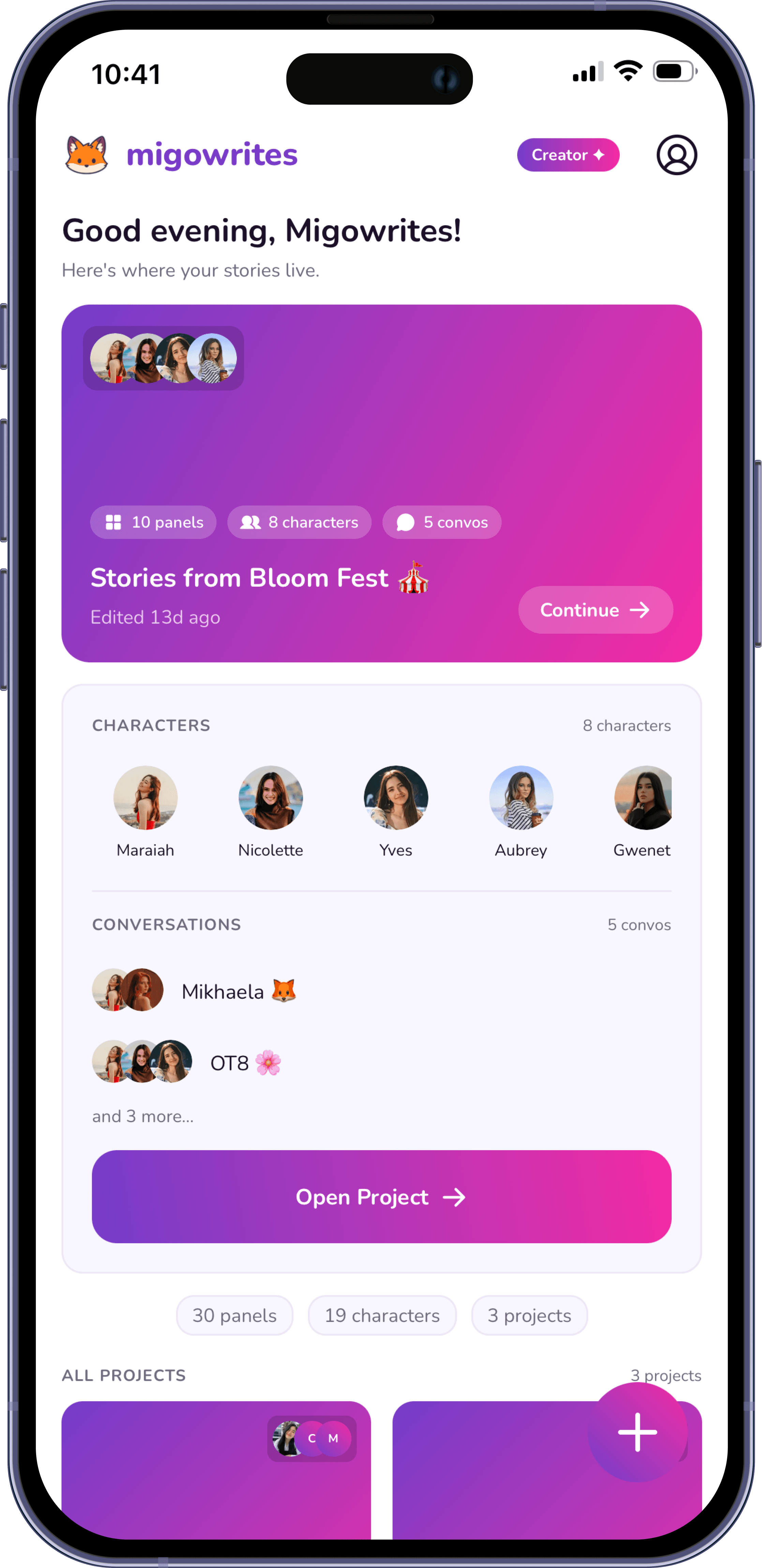 Migowrites home screen with your projects, characters, and conversations